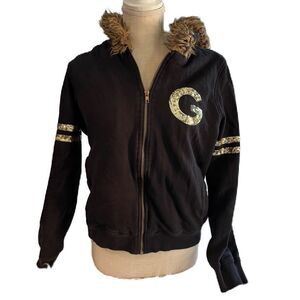 G BY GUESS LADIES FULL ZIP HOODY JACKET BLACK GOLD SEQUIN LARGE